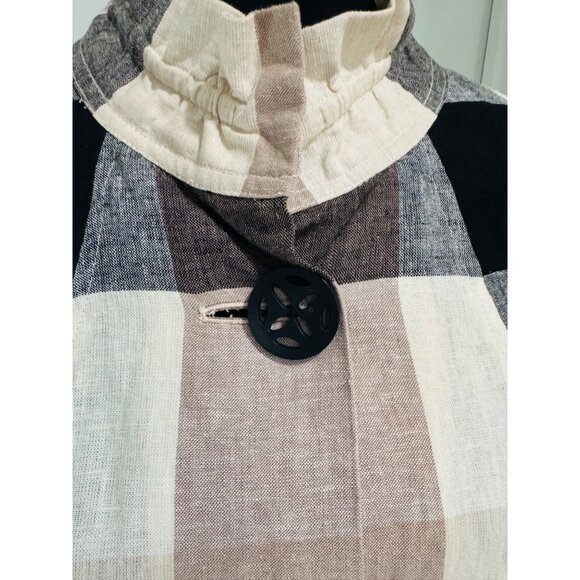 Ali Miles Plaid Linen-Cotton Shacket Jacket XL Black Cream Tan Artsy Lagenlook - Picture 5 of 10